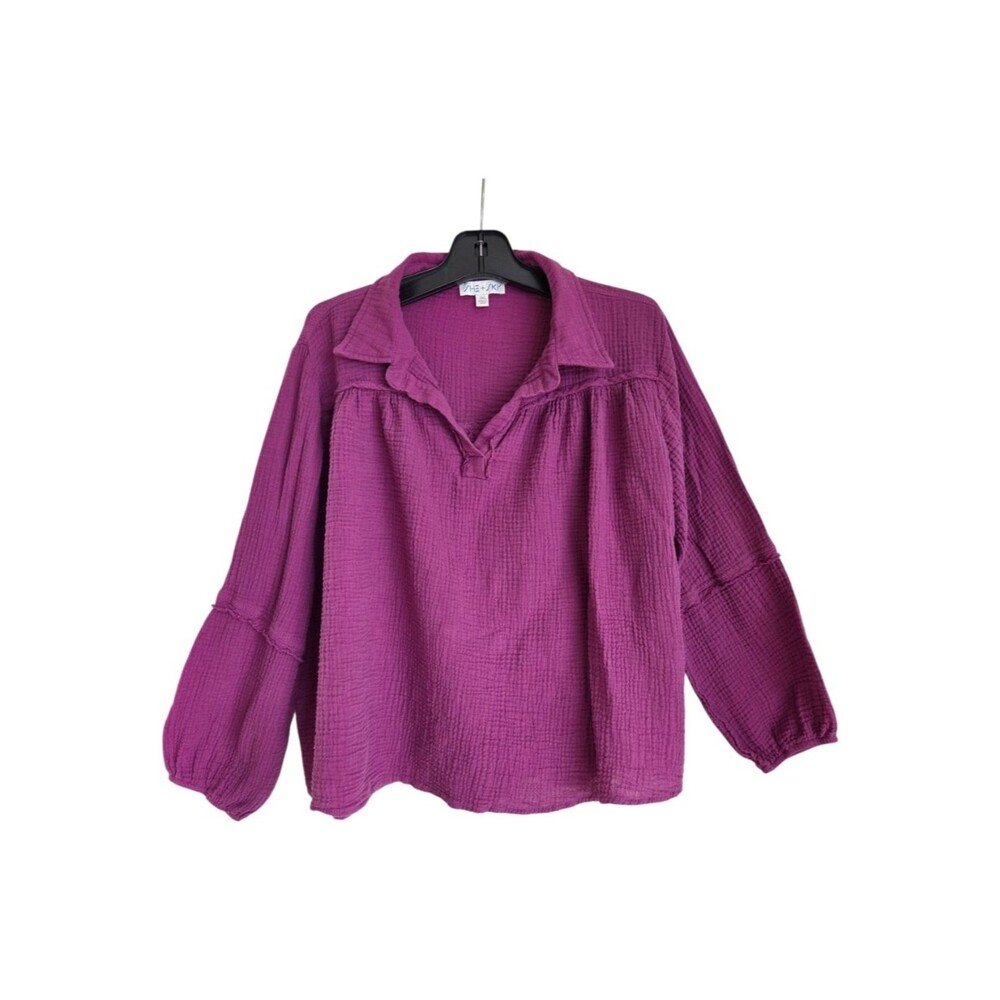 SHE + SKY 100% Cotton Gauze Blouse Top Royal Purple Relaxed Breezy 1XL Popover